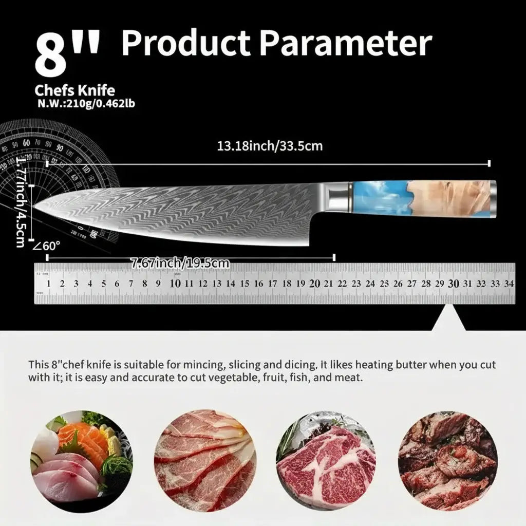 Damascus Chef Knife | Blue Resin & Natural Wood Handle | Premium Gift Box Included