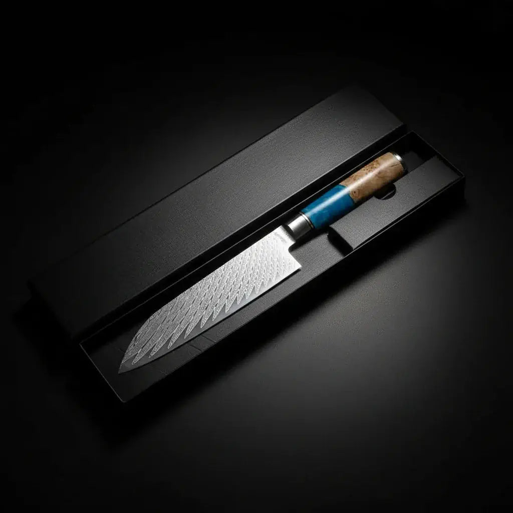 67-Layer Damascus Steel 3-Piece Knife Set | Blue Resin & Natural Wood Handles | Premium Gift Box