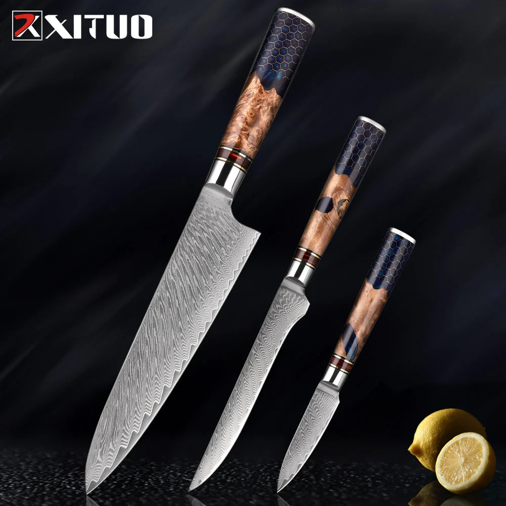 XITUO 1-9 Piece Kitchen Knives Set Damascus Steel Chef Knife Sharp Cut Vegetables Sliced Meat Bread Blue Resin Honeycomb Handle