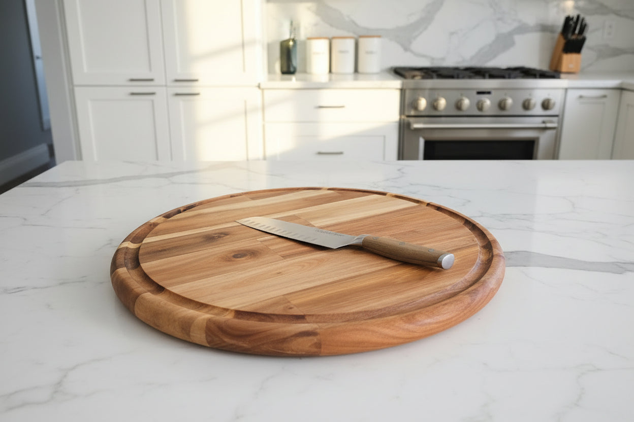 Close-up of handmade acacia wood grain on round cutting board