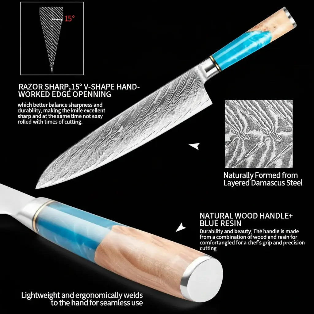 Damascus Chef Knife | Blue Resin & Natural Wood Handle | Premium Gift Box Included