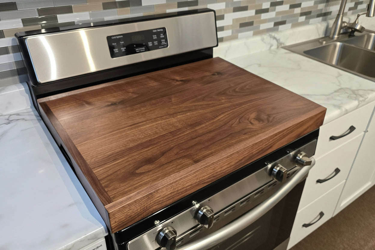 Handmade Black Walnut hardwood stove cover and cutting board on a kitchen stovetop