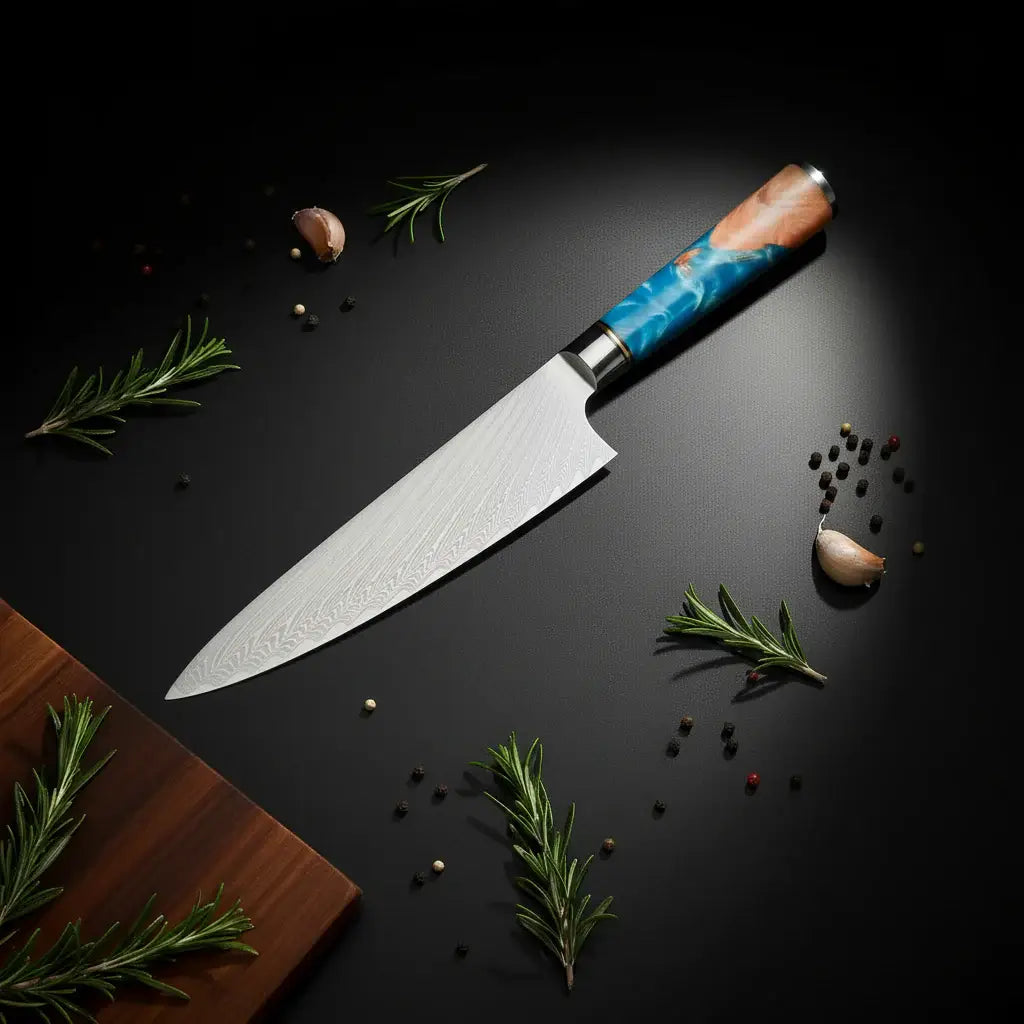 Damascus Chef Knife | Blue Resin & Natural Wood Handle | Premium Gift Box Included