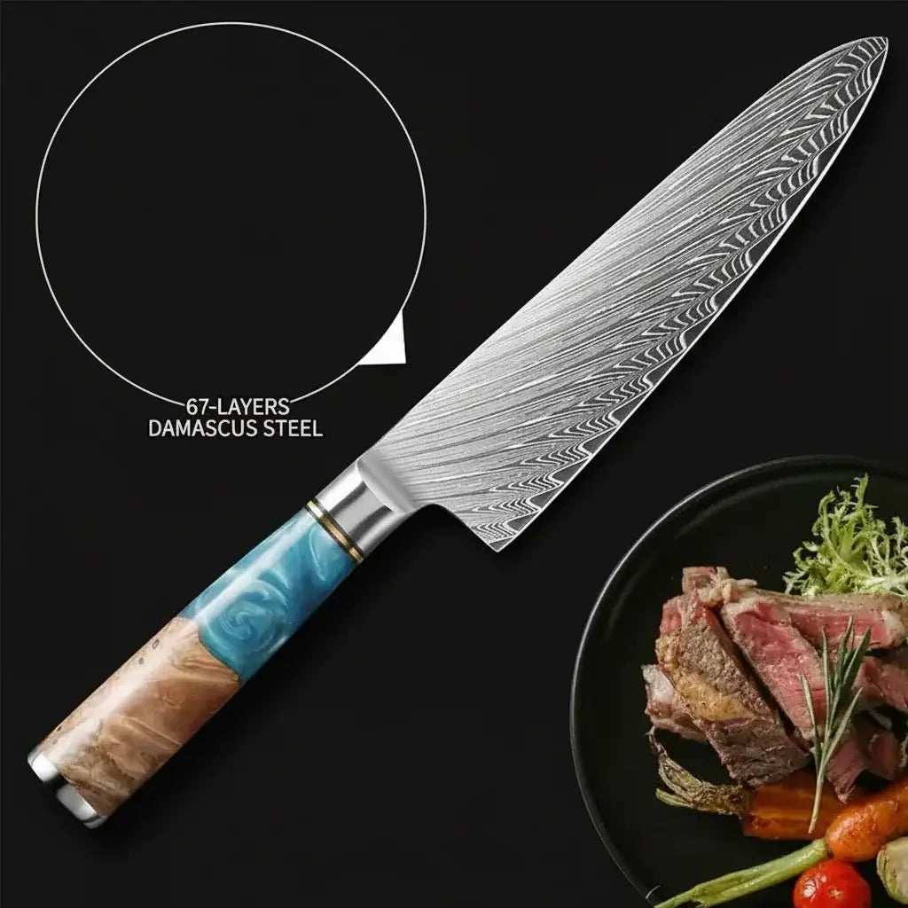 Damascus Chef Knife | Blue Resin & Natural Wood Handle | Premium Gift Box Included