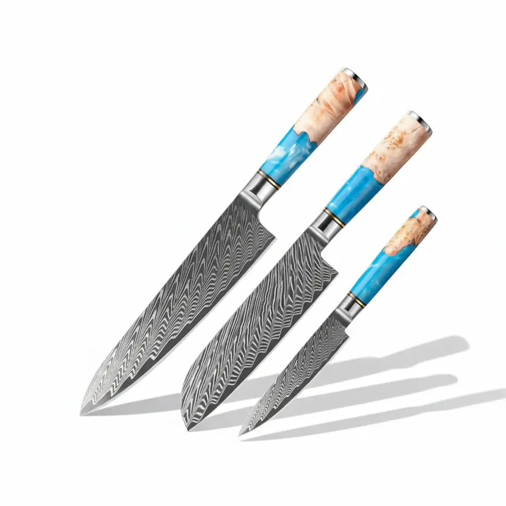 67-Layer Damascus Steel 3-Piece Knife Set | Blue Resin & Natural Wood Handles | Premium Gift Box