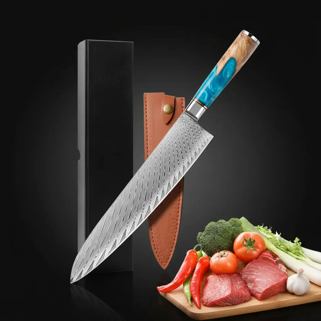 67-Layer Damascus Steel 3-Piece Knife Set | Blue Resin & Natural Wood Handles | Premium Gift Box