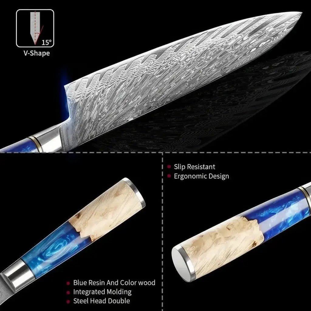 67-Layer Damascus Steel 3-Piece Knife Set | Blue Resin & Natural Wood Handles | Premium Gift Box