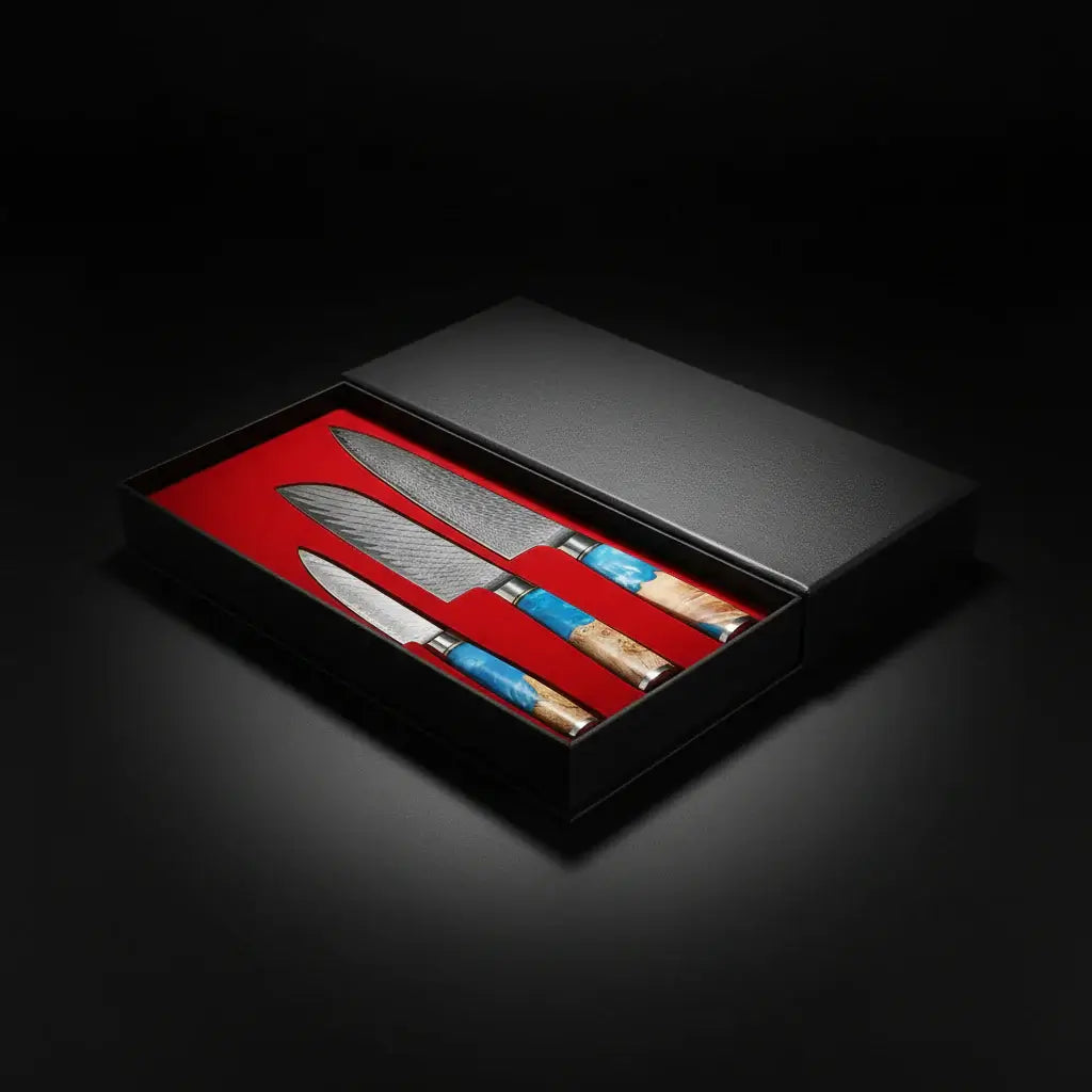 67-Layer Damascus Steel 3-Piece Knife Set | Blue Resin & Natural Wood Handles | Premium Gift Box