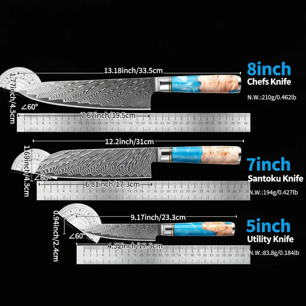 67-Layer Damascus Steel 3-Piece Knife Set | Blue Resin & Natural Wood Handles | Premium Gift Box