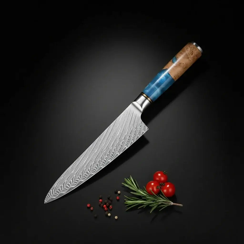 67-Layer Damascus Steel 3-Piece Knife Set | Blue Resin & Natural Wood Handles | Premium Gift Box