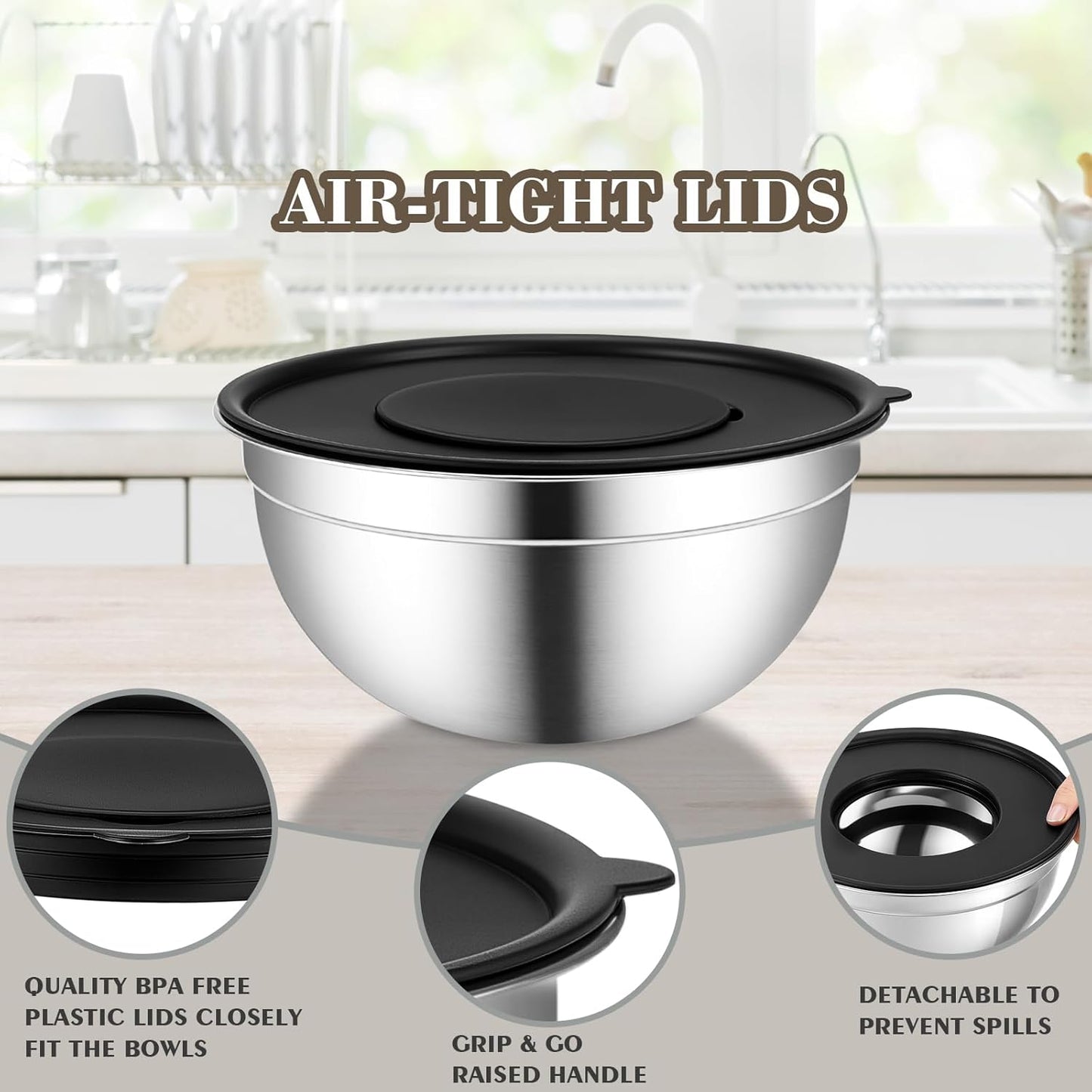 5-Piece Mixing Bowl Set with Airtight Lids & Grater Attachments