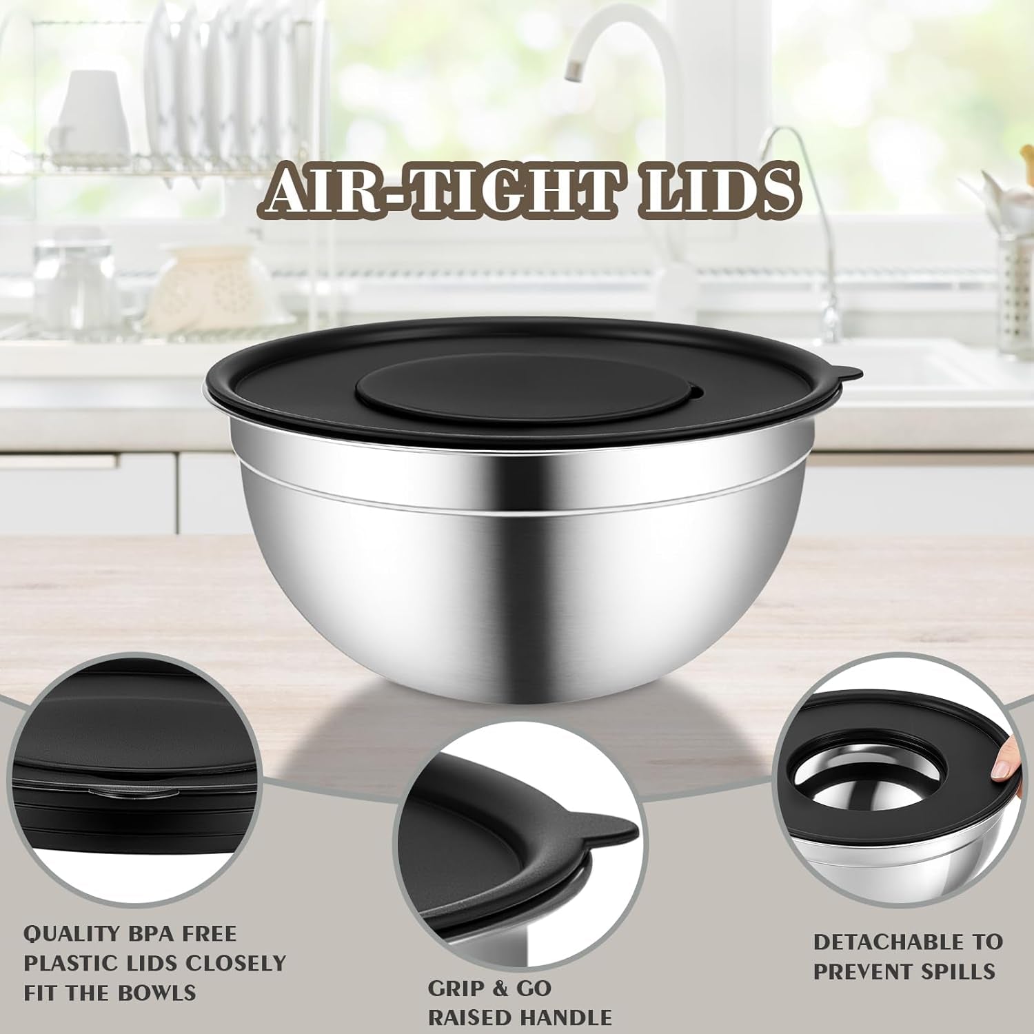 5-Piece Mixing Bowl Set with Airtight Lids & Grater Attachments