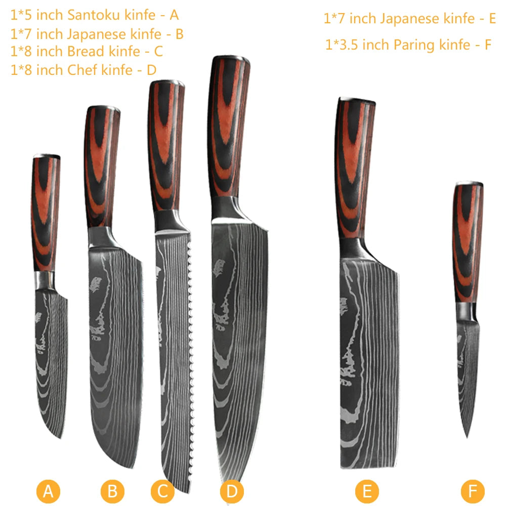 Chef knife 1-10 Pcs Set Kitchen Knives Laser Damascus Pattern Sharp Japanese Santoku Knife Cleaver Slicing Utility Knife