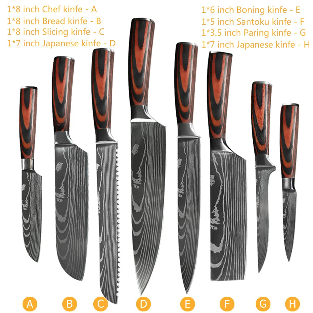 Chef knife 1-10 Pcs Set Kitchen Knives Laser Damascus Pattern Sharp Japanese Santoku Knife Cleaver Slicing Utility Knife