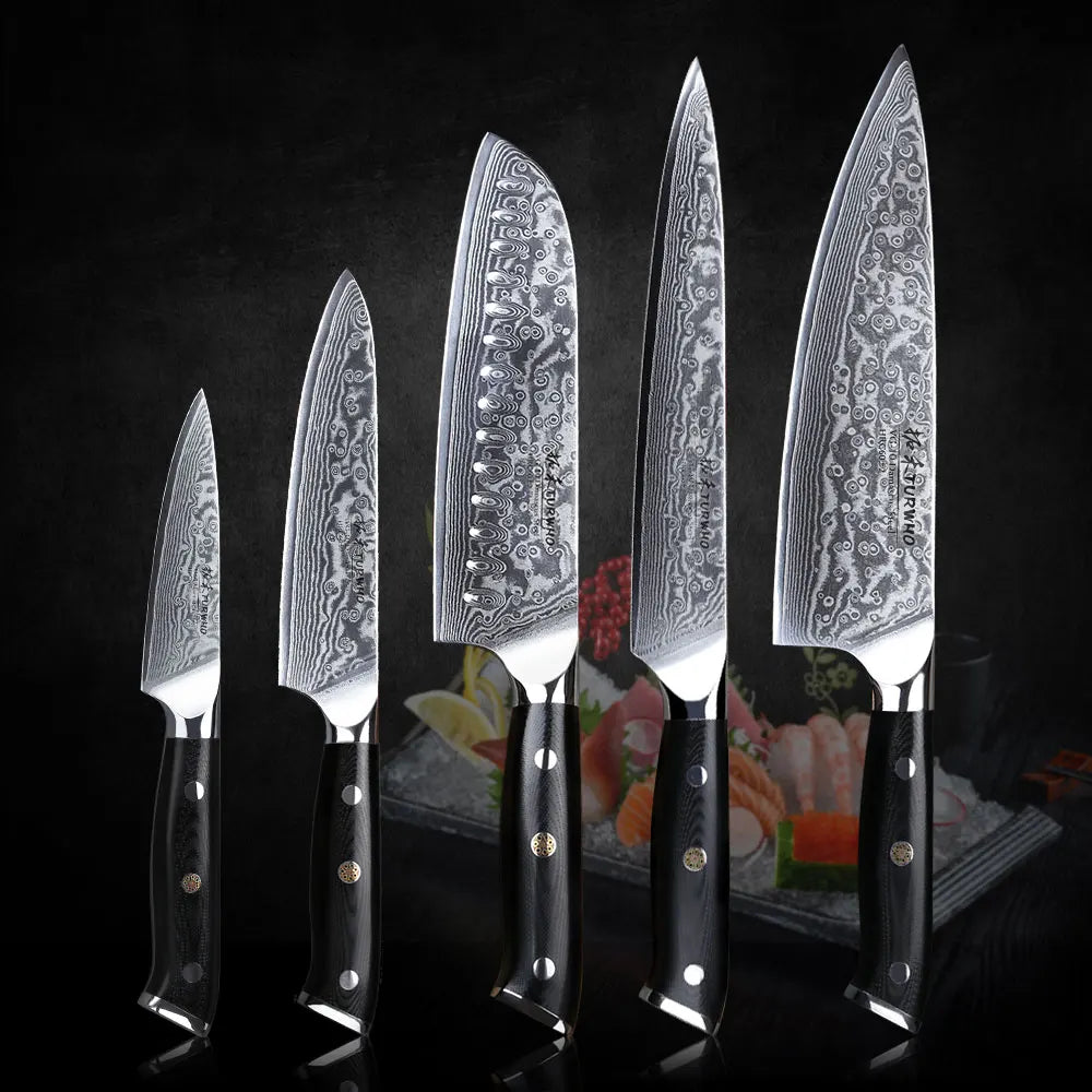 TURWHO 7 PCS Best Kitchen Knives Sets With Excellent Acacia Wood/Knife Set BlocK Super Sharp Japanese Damascus Steel Knives Set