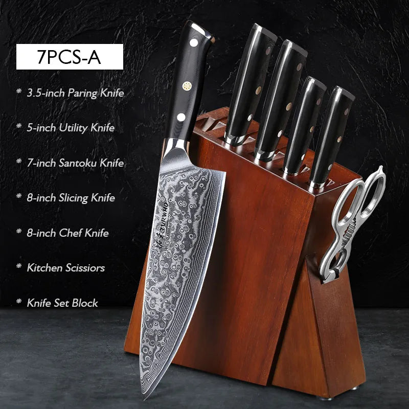 TURWHO 7 PCS Best Kitchen Knives Sets With Excellent Acacia Wood/Knife Set BlocK Super Sharp Japanese Damascus Steel Knives Set