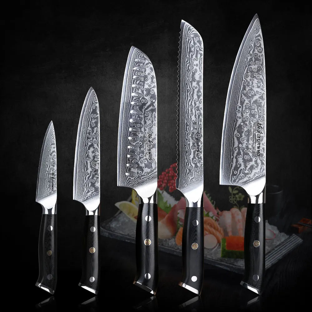 TURWHO 7 PCS Best Kitchen Knives Sets With Excellent Acacia Wood/Knife Set BlocK Super Sharp Japanese Damascus Steel Knives Set