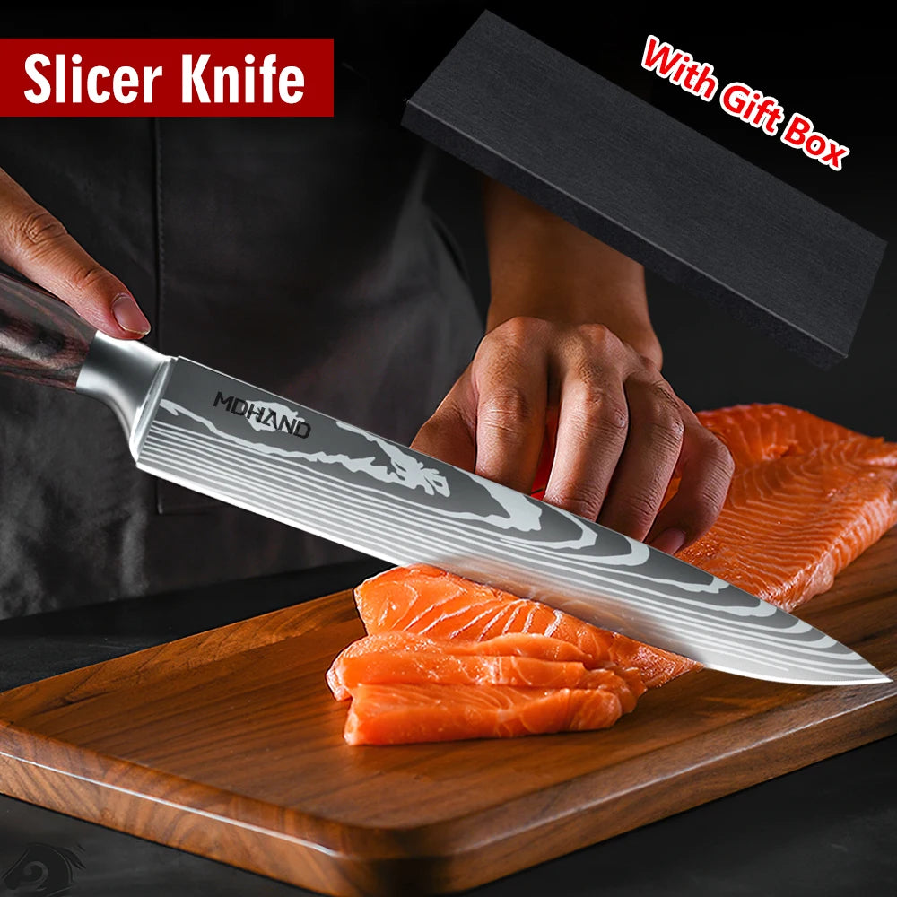 MDHAND Japanese Kitchen Knives German Stainless Steel 8 Inch Slicing Knife Sharp Razor Carving Knife Sushi Knife for Gift