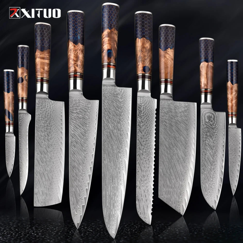 XITUO 1-9 Piece Kitchen Knives Set Damascus Steel Chef Knife Sharp Cut Vegetables Sliced Meat Bread Blue Resin Honeycomb Handle