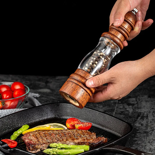 Wooden Salt and Pepper Grinder Set - Wood and Acrylic Mills, Adjustable Coarseness Ceramic Grinder