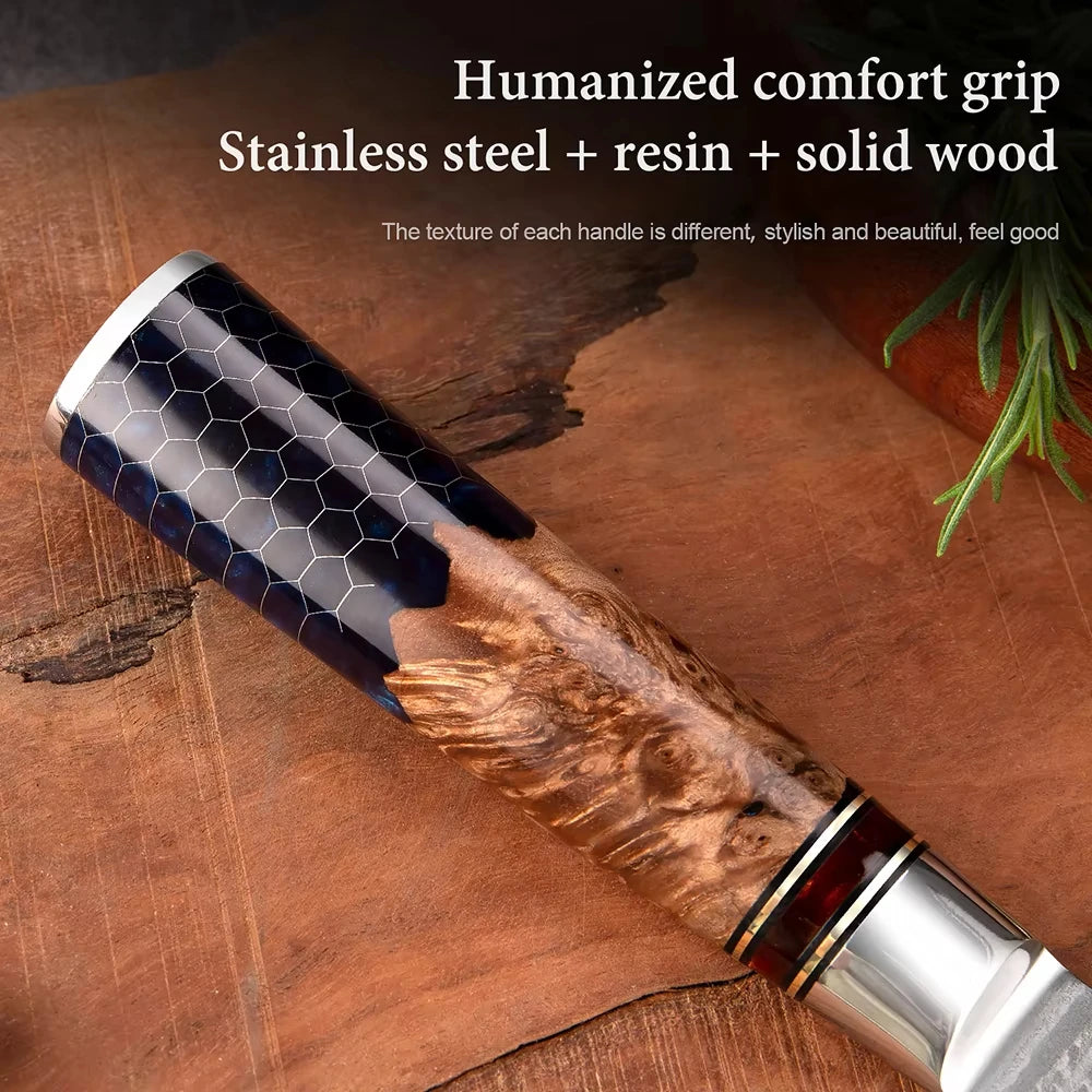 XITUO 1-9 Piece Kitchen Knives Set Damascus Steel Chef Knife Sharp Cut Vegetables Sliced Meat Bread Blue Resin Honeycomb Handle