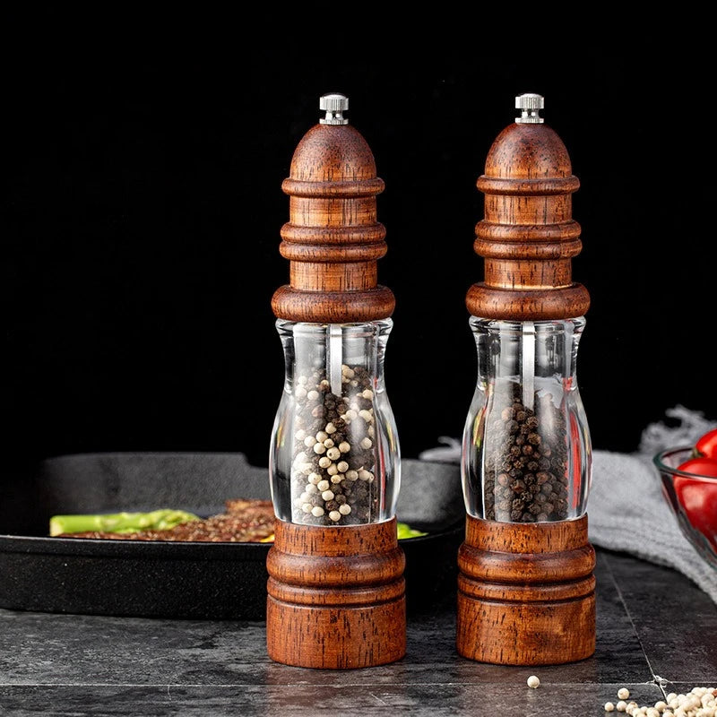 Wooden Salt and Pepper Grinder Set - Wood and Acrylic Mills, Adjustable Coarseness Ceramic Grinder
