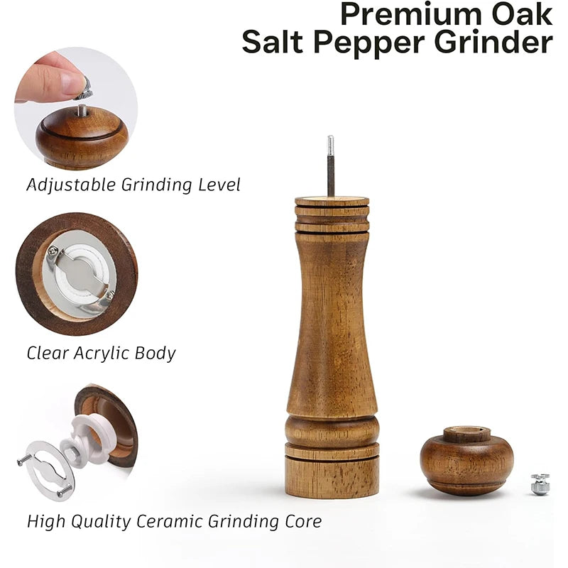 Wooden Salt and Pepper Grinder Set Premium Oak Wood Salt Grinders Shakers Pepper Mill With Adjustable Ceramic Grinder JT551
