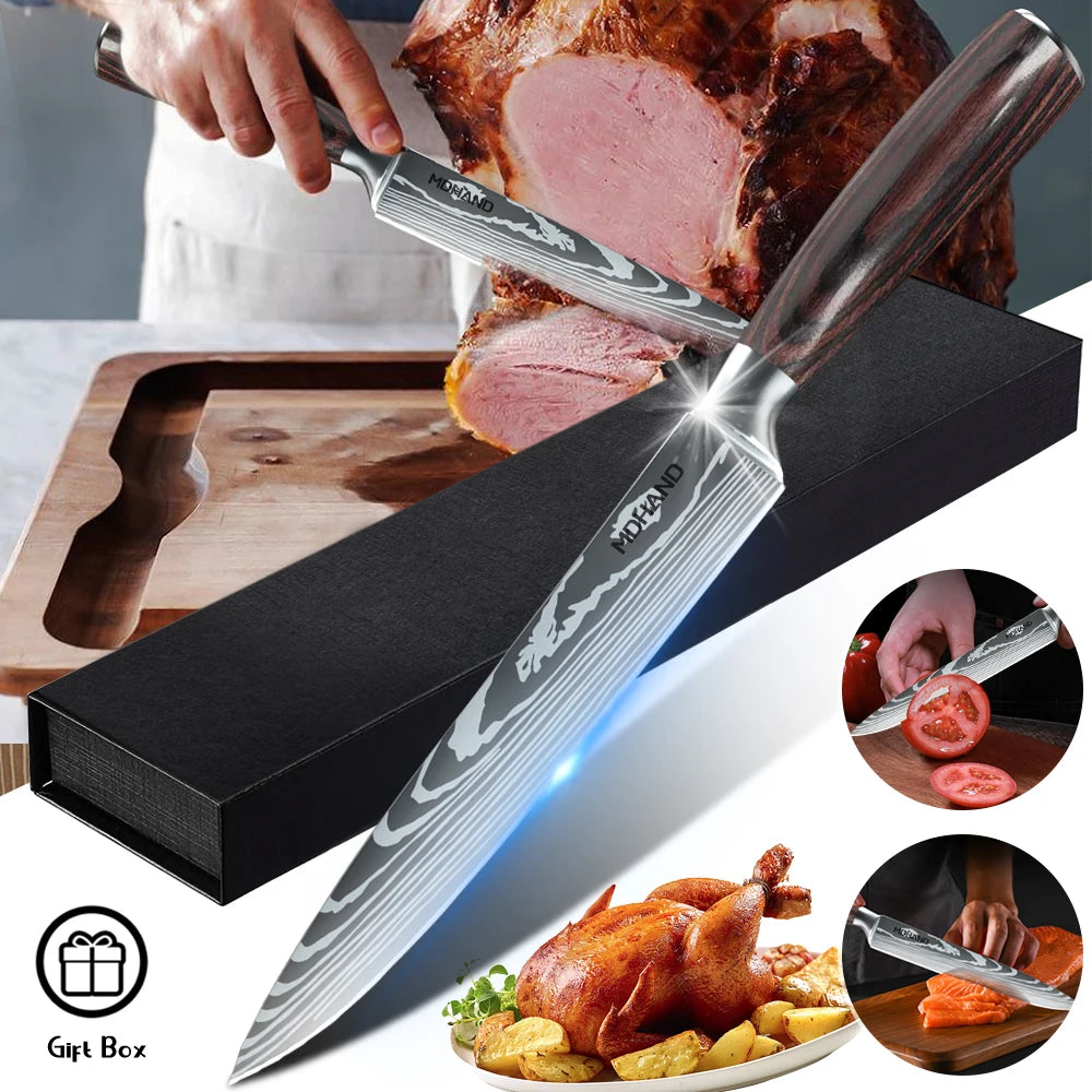 MDHAND Japanese Kitchen Knives German Stainless Steel 8 Inch Slicing Knife Sharp Razor Carving Knife Sushi Knife for Gift