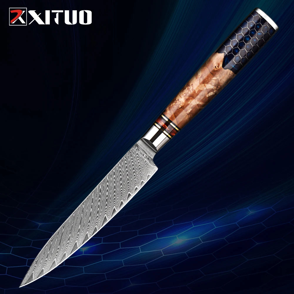 XITUO 1-9 Piece Kitchen Knives Set Damascus Steel Chef Knife Sharp Cut Vegetables Sliced Meat Bread Blue Resin Honeycomb Handle