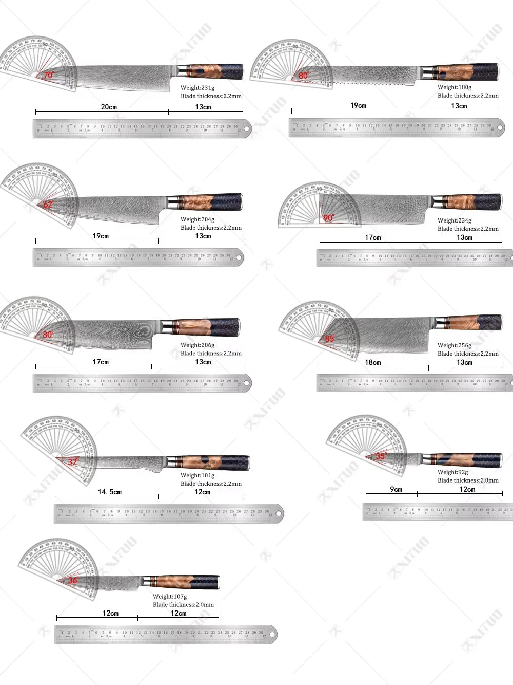 XITUO 1-9 Piece Kitchen Knives Set Damascus Steel Chef Knife Sharp Cut Vegetables Sliced Meat Bread Blue Resin Honeycomb Handle