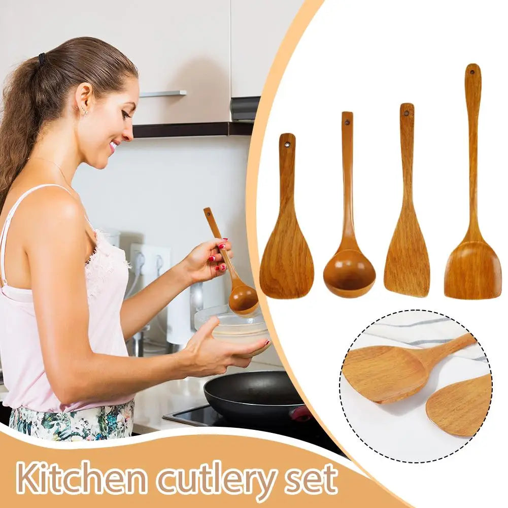 Wooden Kitchen Utensil Set Special High Temperature Resistant Household Long-Handled No Paint No Wax Kitchen Tools
