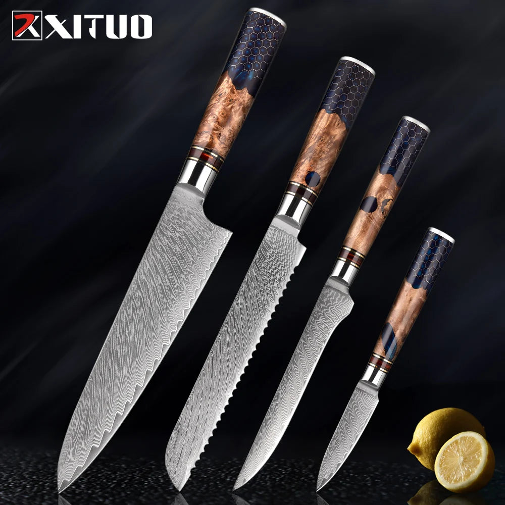 XITUO 1-9 Piece Kitchen Knives Set Damascus Steel Chef Knife Sharp Cut Vegetables Sliced Meat Bread Blue Resin Honeycomb Handle