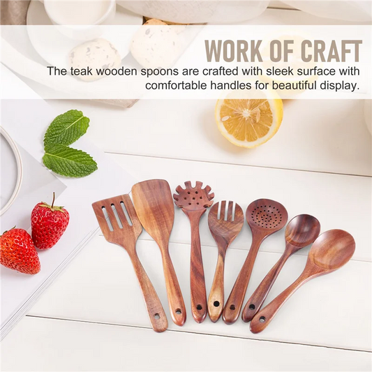 ABKJ-Wooden Kitchen Cooking Utensils, 7 Pcs Wooden Spoons And Spatula For Cooking Cookware For Kitchen Decor