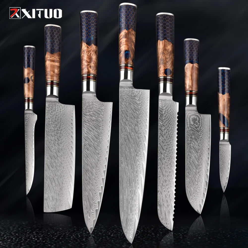 XITUO 1-9 Piece Kitchen Knives Set Damascus Steel Chef Knife Sharp Cut Vegetables Sliced Meat Bread Blue Resin Honeycomb Handle
