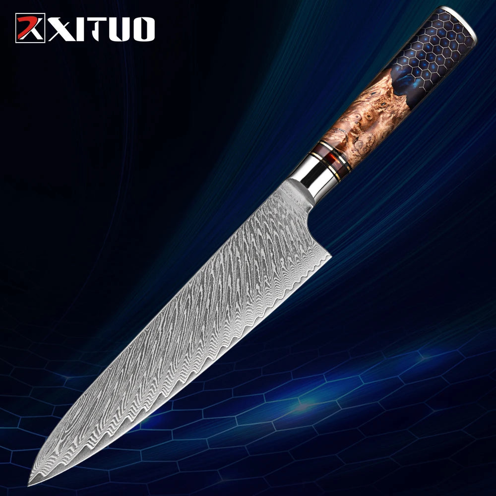 XITUO 1-9 Piece Kitchen Knives Set Damascus Steel Chef Knife Sharp Cut Vegetables Sliced Meat Bread Blue Resin Honeycomb Handle