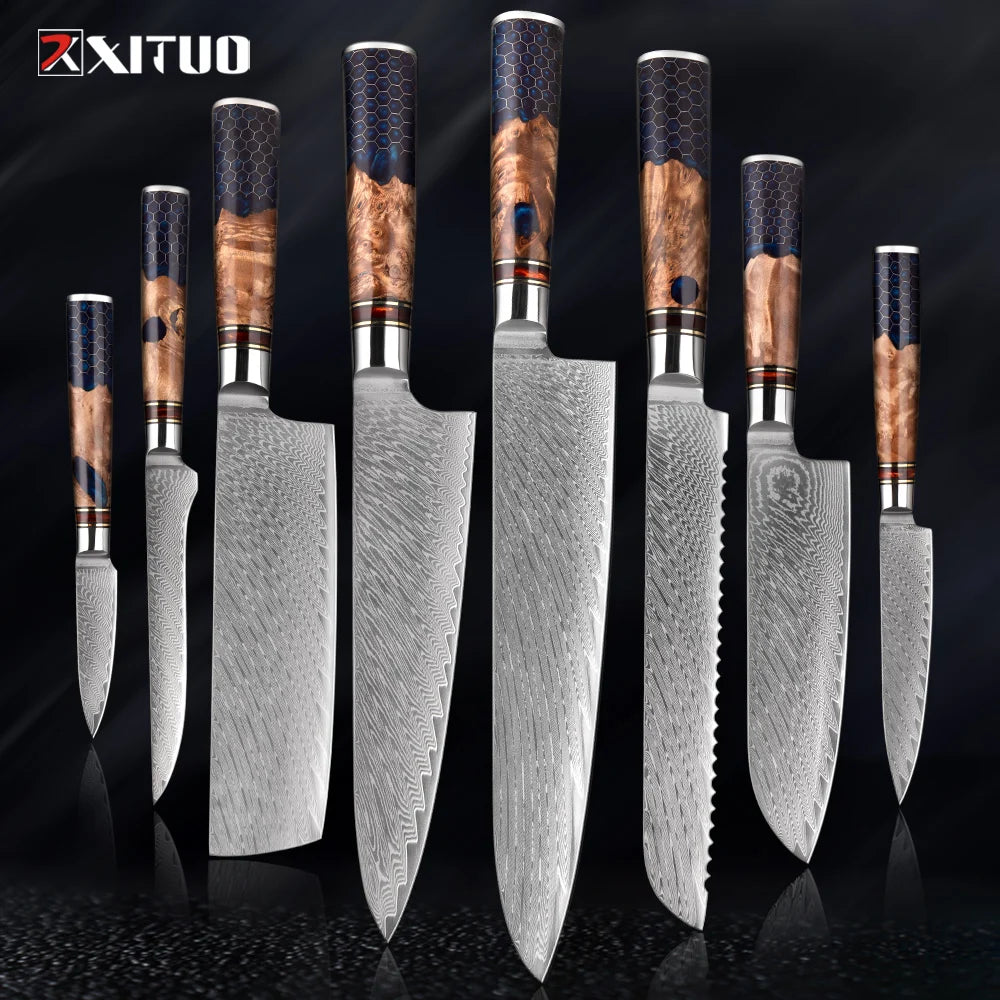 XITUO 1-9 Piece Kitchen Knives Set Damascus Steel Chef Knife Sharp Cut Vegetables Sliced Meat Bread Blue Resin Honeycomb Handle