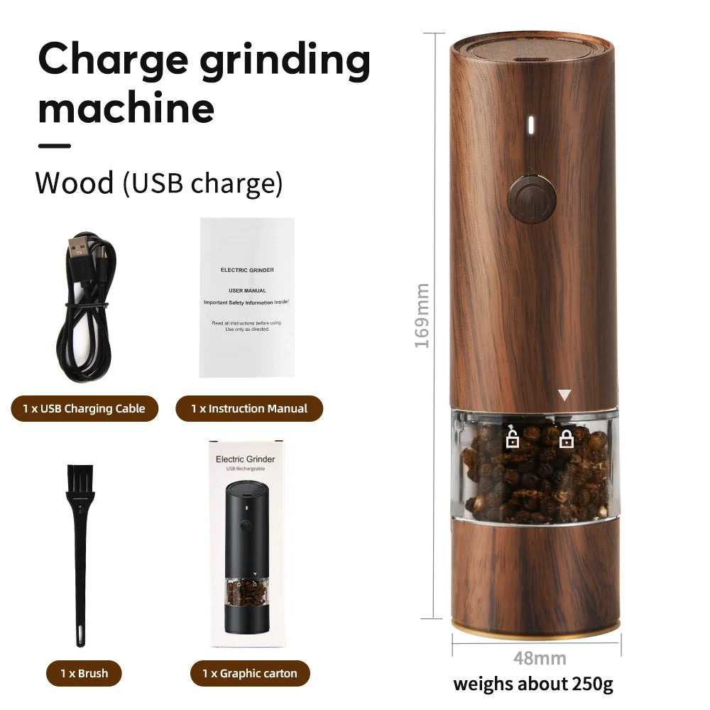 Wooden Color Electric Salt and Pepper Grinder USB Rechargeable Adjustable Coarseness Refillable Mills Spice Pepper Grinders