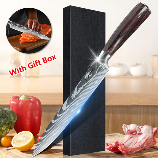 MDHAND Japanese Kitchen Knives German Stainless Steel 8 Inch Slicing Knife Sharp Razor Carving Knife Sushi Knife for Gift