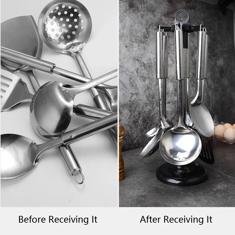 Kitchen Rotary Storage Rack Rotatable Kitchenware Organizer Hooks Spatula Spoon Knife Storage cabinet Kitchen Accessories