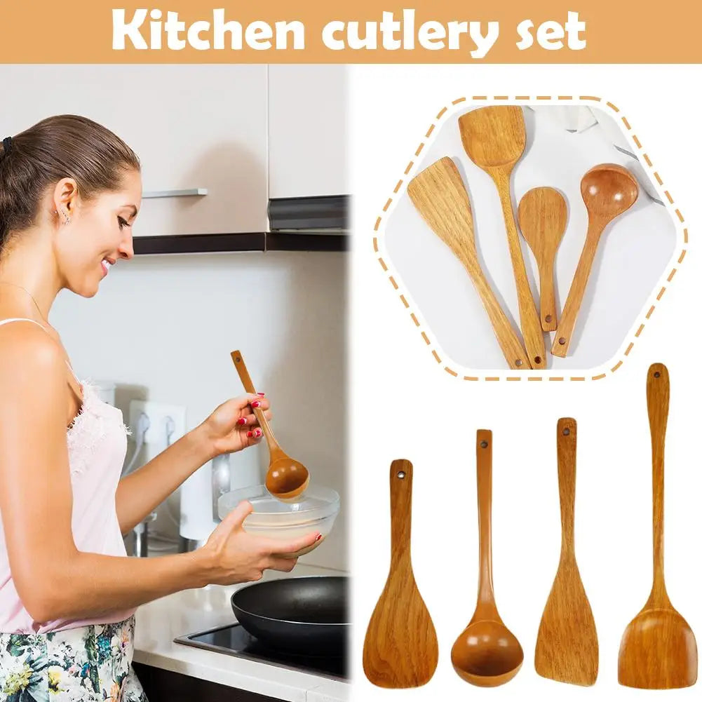 Wooden Kitchen Utensil Set Special High Temperature Resistant Household Long-Handled No Paint No Wax Kitchen Tools
