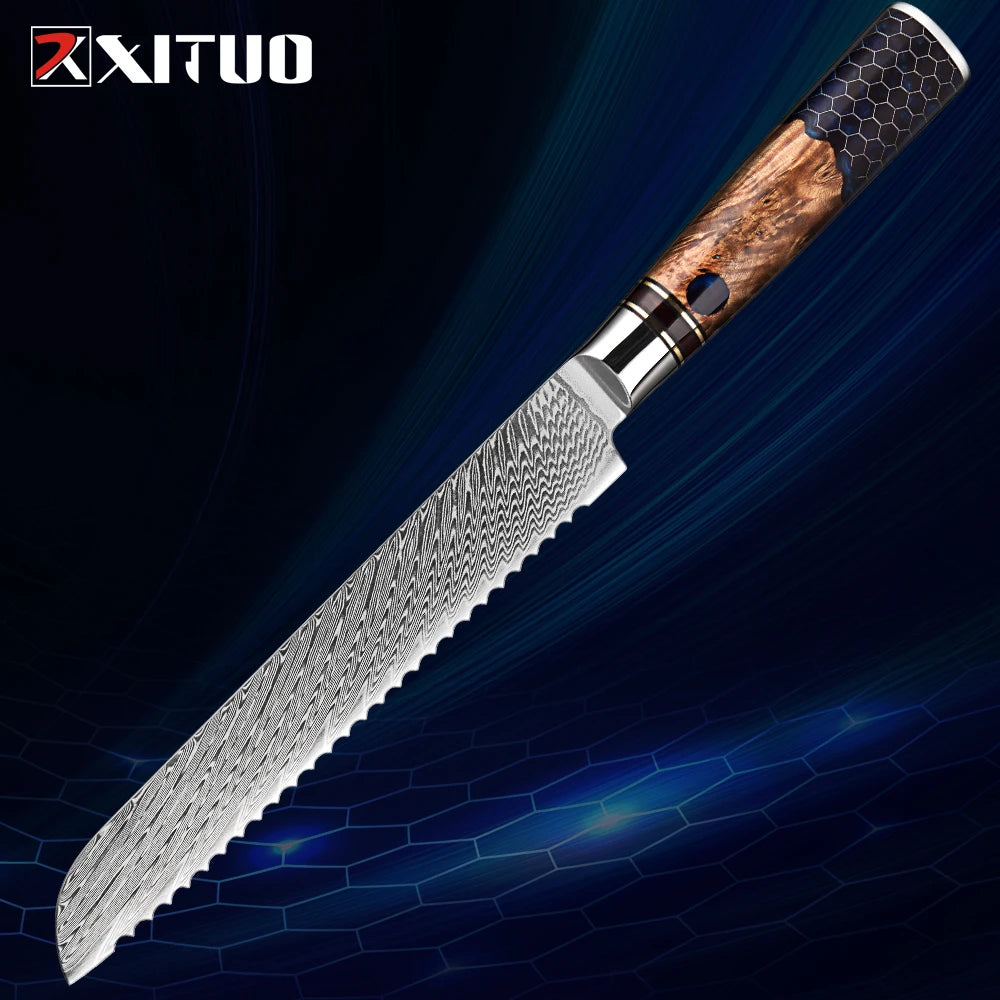 XITUO 1-9 Piece Kitchen Knives Set Damascus Steel Chef Knife Sharp Cut Vegetables Sliced Meat Bread Blue Resin Honeycomb Handle