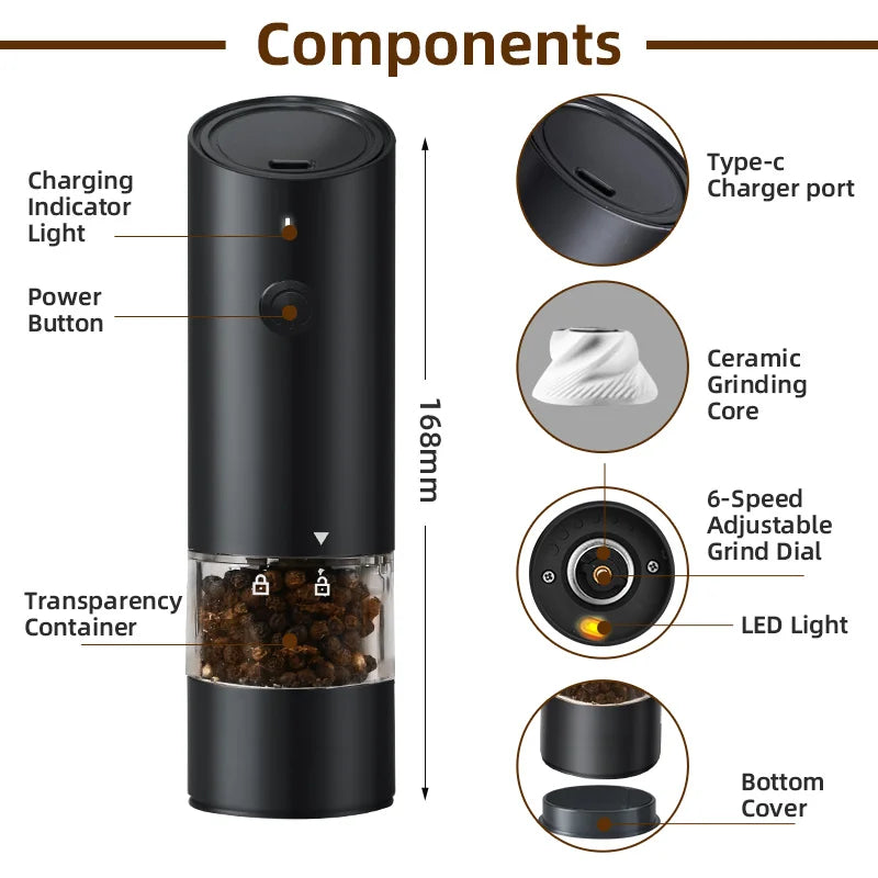 Wooden Color Electric Salt and Pepper Grinder USB Rechargeable Adjustable Coarseness Refillable Mills Spice Pepper Grinders