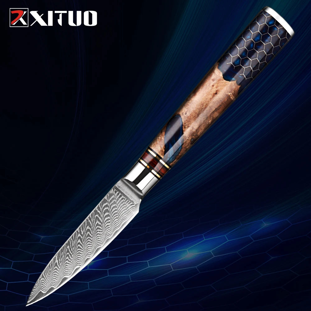 XITUO 1-9 Piece Kitchen Knives Set Damascus Steel Chef Knife Sharp Cut Vegetables Sliced Meat Bread Blue Resin Honeycomb Handle
