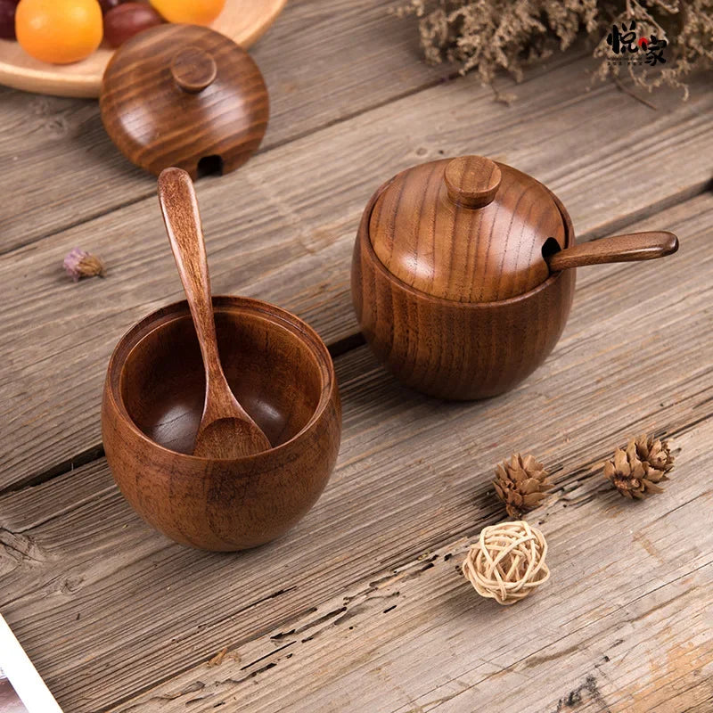 Wood Salt and Pepper Set Seasoning Jar with Lid Home Condiment Box Bowl Storage Container Spice Jar Kitchen Storage Organization