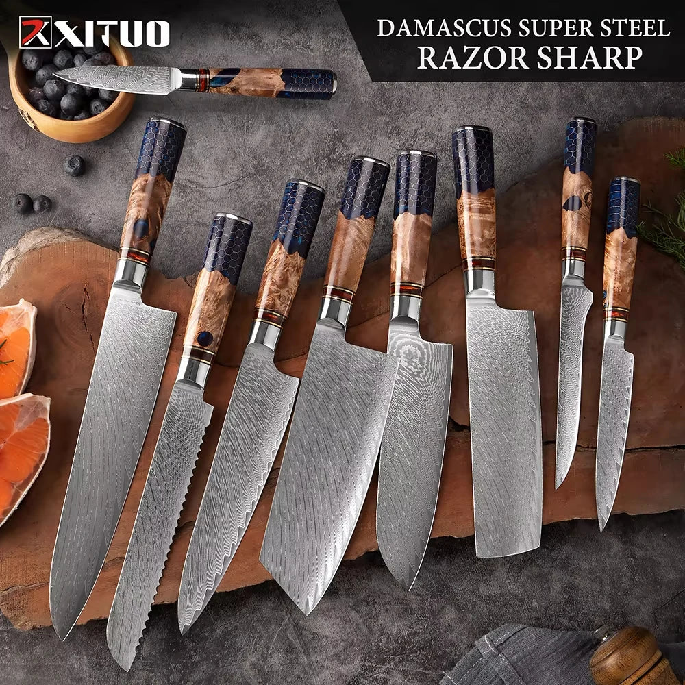 XITUO 1-9 Piece Kitchen Knives Set Damascus Steel Chef Knife Sharp Cut Vegetables Sliced Meat Bread Blue Resin Honeycomb Handle