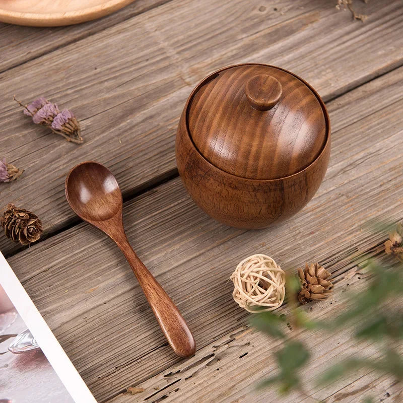 Wood Salt and Pepper Set Seasoning Jar with Lid Home Condiment Box Bowl Storage Container Spice Jar Kitchen Storage Organization