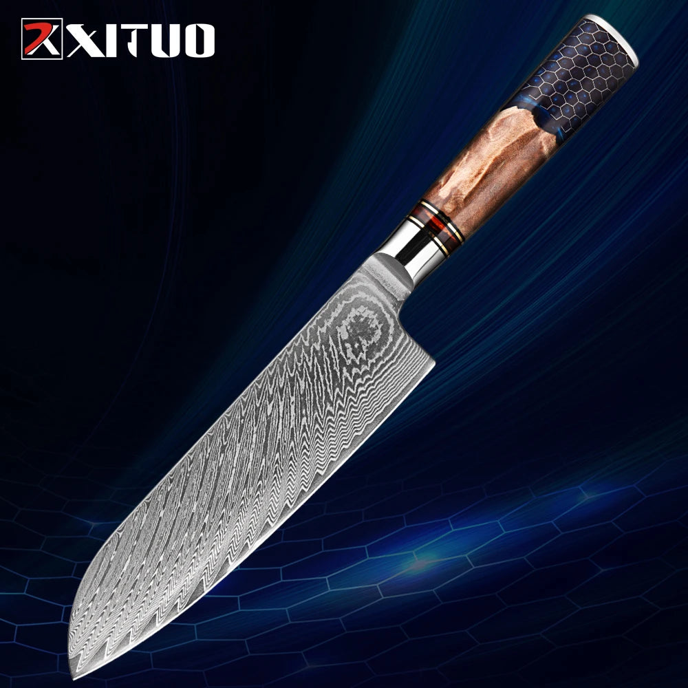 XITUO 1-9 Piece Kitchen Knives Set Damascus Steel Chef Knife Sharp Cut Vegetables Sliced Meat Bread Blue Resin Honeycomb Handle