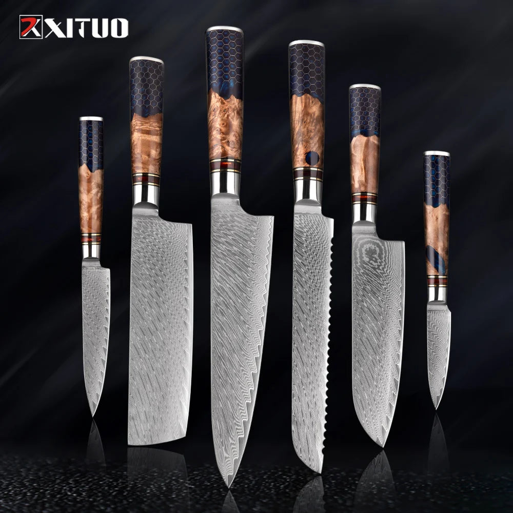 XITUO 1-9 Piece Kitchen Knives Set Damascus Steel Chef Knife Sharp Cut Vegetables Sliced Meat Bread Blue Resin Honeycomb Handle