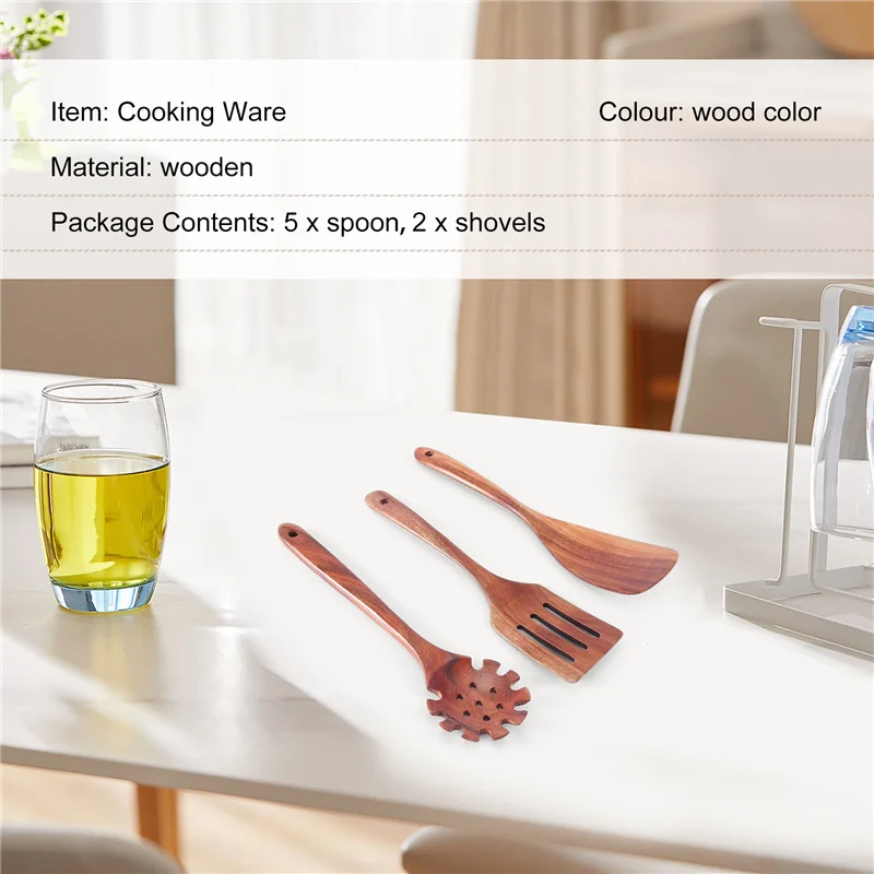 ABKJ-Wooden Kitchen Cooking Utensils, 7 Pcs Wooden Spoons And Spatula For Cooking Cookware For Kitchen Decor