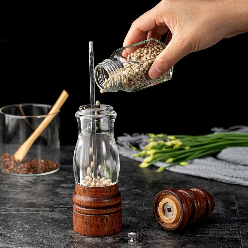 Wooden Salt and Pepper Grinder Set - Wood and Acrylic Mills, Adjustable Coarseness Ceramic Grinder